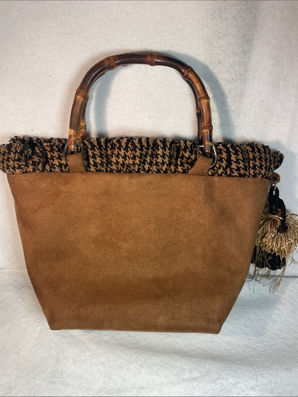 Brown Suede Tote Bag with Bamboo Handles Lula Belle